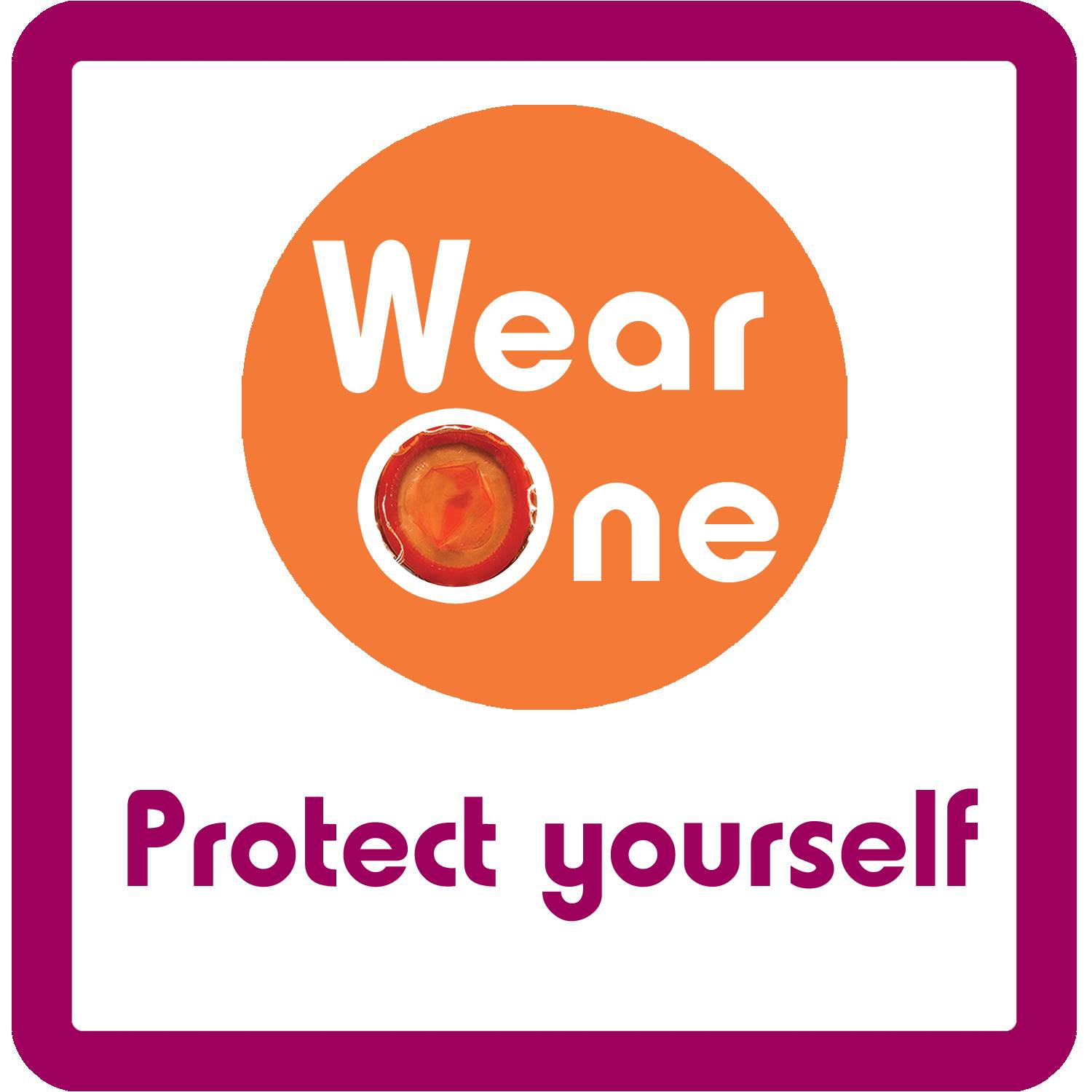 font says "wear one" over the top of an orange condom.